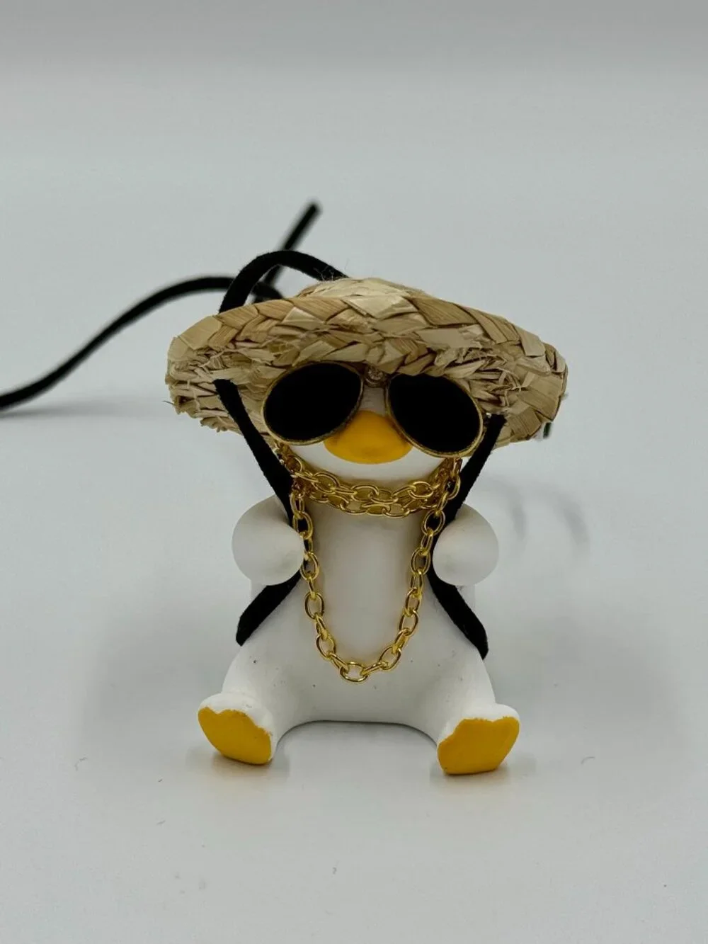 Ceramic Duck With Straw Hat, Sunglasses, Gold Necklace & Yellow Backpack
